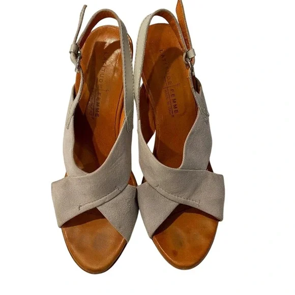 Latitude Femme Italy Suede Slingback Heels Criss Cross Sandals Wood‎ Heel 40 - Picture 2 of 10